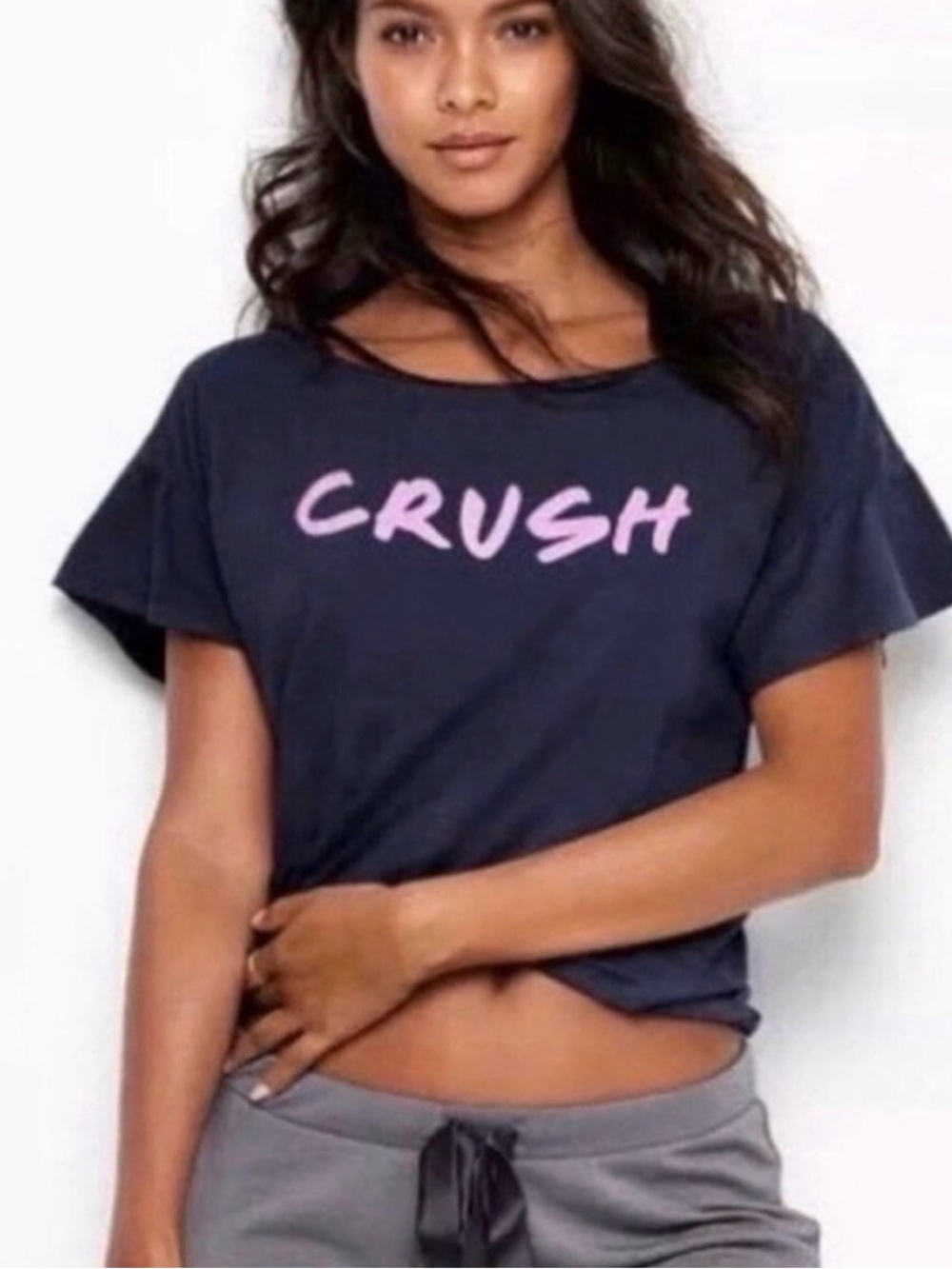 Victoria’s Secret ‘CRUSH’ Glitter Graphic Tee - Navy Short Ruffle Sleeve Sz S